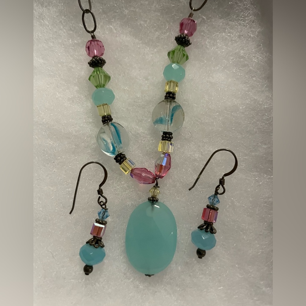 Vintage blue and pink glass bead and stone necklace and earrings boho